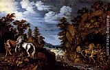 Roelandt Jacobsz Savery A Rocky Landscape With A Stallion, Bull And Camel Overlooking A Lion's Den painting